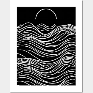 Waves and Sunset White Lines Posters and Art